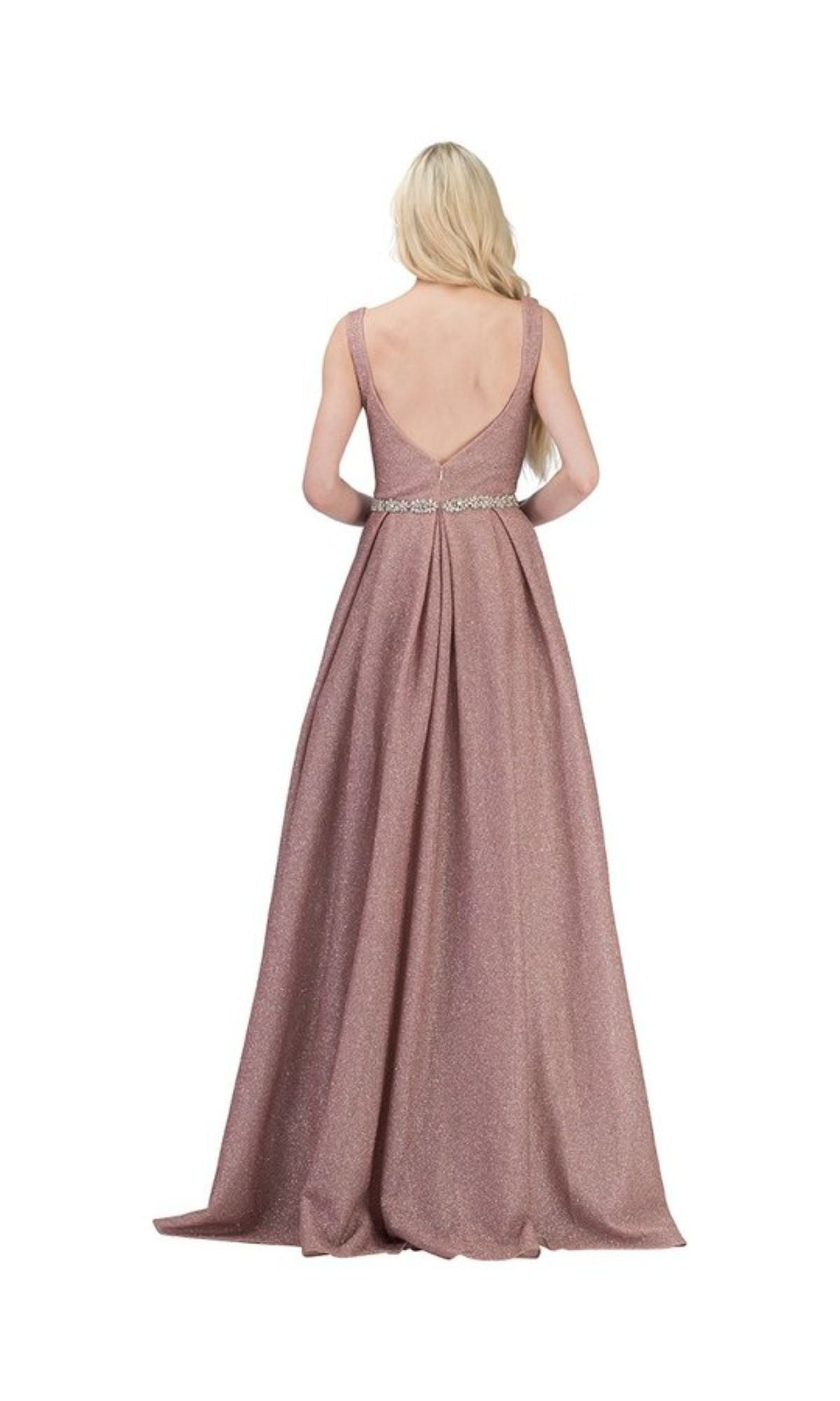 A woman with long blonde hair wears the Chicas BT9027 Bead-Waist Long Glitter Prom Dress—a sleeveless, floor-length mauve gown with an open back and jeweled belt—posing against a white background.